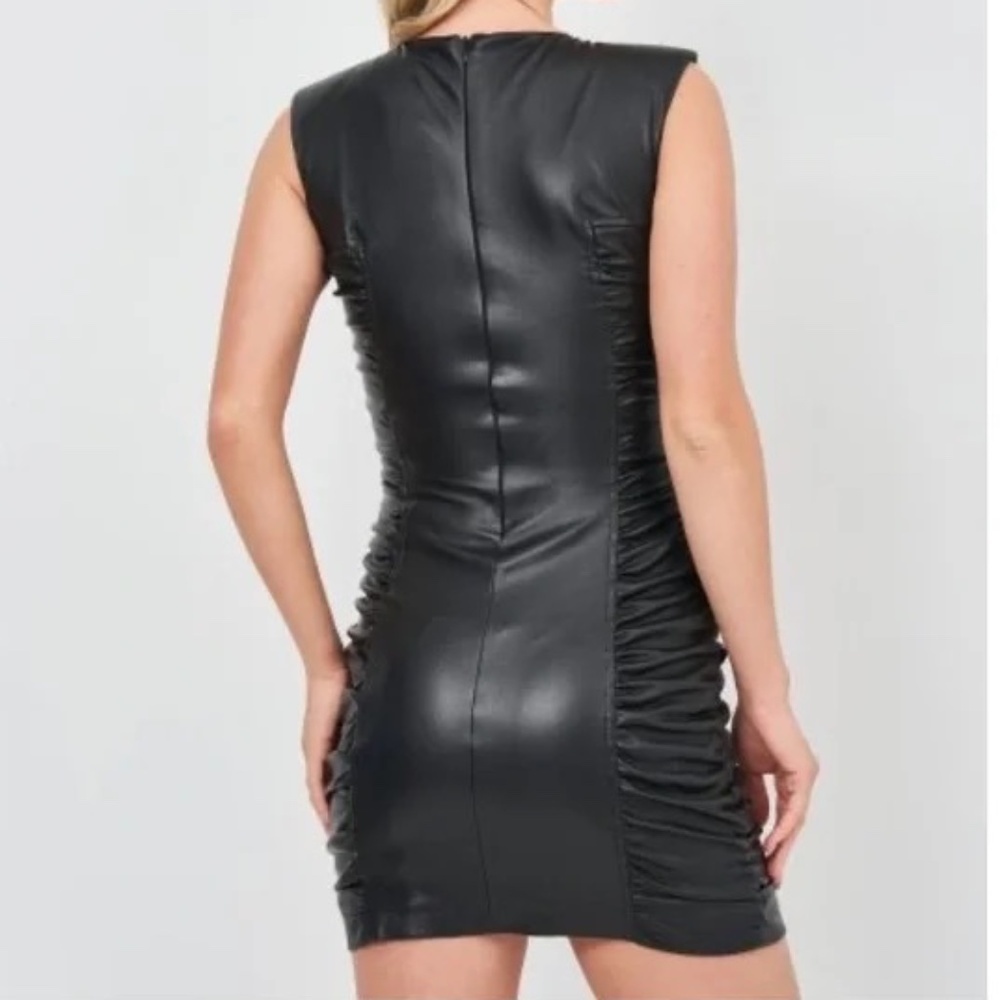 1069 NWOT Zara Black Faux Leather Dress w/Ruching - Picture 11 of 16